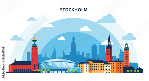 Flat colorful illustration of Stockholm city skyline featuring historic towers, churches, modern arena, and classic waterfront buildings under a bright blue sky with clouds