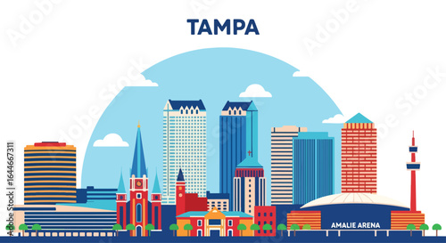 Flat colorful illustration of Tampa city skyline with modern skyscrapers, waterfront bridge, and urban buildings under a bright blue sky with clouds, capturing the vibrant architecture of the city