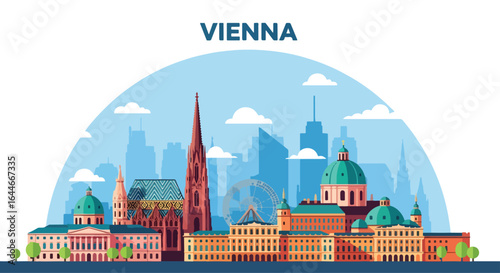 Flat colorful illustration of Vienna city skyline, modern buildings under a bright blue sky with clouds