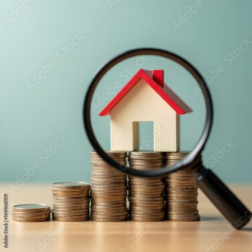 Home Equity and Property Value Growth Analysis with Stacked Coins and Magnifying Glass