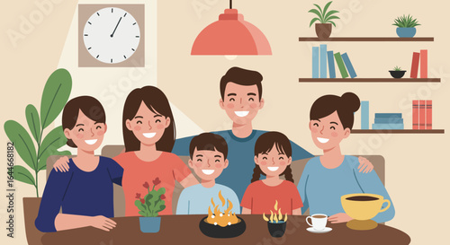 Happy Family Gathering Around a Table Smiling Together.