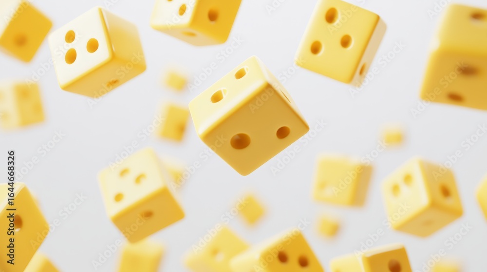 22.Levitating Swiss cheese cubes, bright yellow blocks with scattered holes, dynamic arrangement against a seamless white backdrop 22.Levitating Swiss cheese cubes, bright yellow blocks with scattered holes, dynamic arrangement against a seamless white backdrop