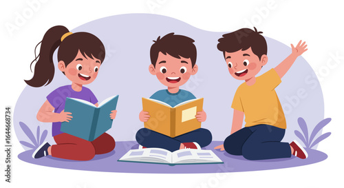 Three Cheerful Children Reading Books Together.