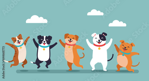 Cheerful Cartoon Dogs Jumping and Celebrating Together.
