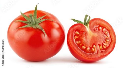 Whole ripe tomato with green stem next to a juicy tomato half, seeds and inner pulp clearly visible, isolated on pure white background, high-resolution food photography © Thidaphon