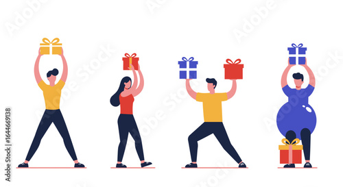 People Holding Colorful Gift Boxes Above Heads.