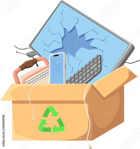 Broken Electronics in Cardboard Box of Recycling