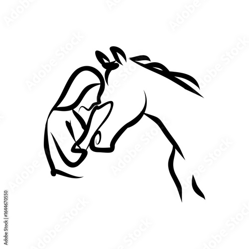 A gentle woman and horse sharing a loving bond, an elegant line art logo symbolizing connection and trust.