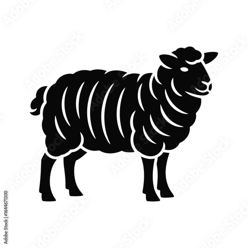 Vector illustration of Black silhouette of a fluffy sheep standing on a white background lamb wool
