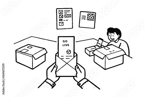 Two people working on laptops with a go live announcement and project management tasks