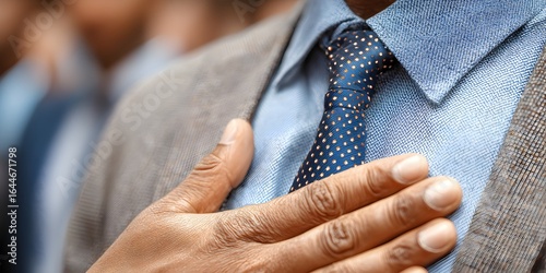 Man pledges allegiance placing hand over heart wea blue dress shirt, tie, and blazer for solemn duty.