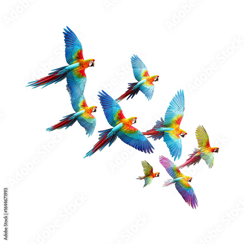 A vibrant flock of multicolored parrots in flight, showcasing their iridescent plumage against a stark black backdrop