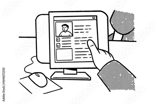 Hand interacting with a video conference screen and laptop