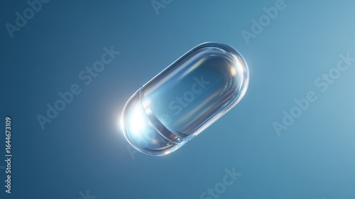 Futuristic translucent capsule floating against a blue medical backdrop with light refraction.