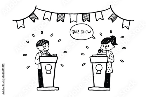 Two people at podiums speaking into microphones during a debate or presentation