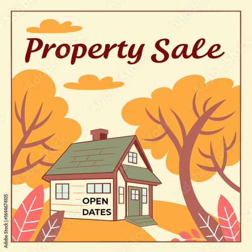 Charming autumn property sale announcement featuring a cozy home with open house dates amidst fall foliage and trees