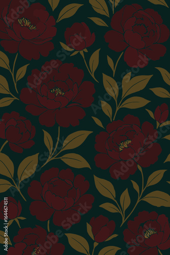 An elegant seamless pattern features rich burgundy floral blooms and olive green leaves on a deep teal background, perfect for sophisticated design projects.