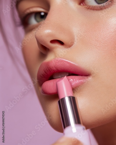 Closeup of a young woman applying soft pink lipstick smooth radiant skin glossy lips isolated on a subtle lavender background highend beauty portrait