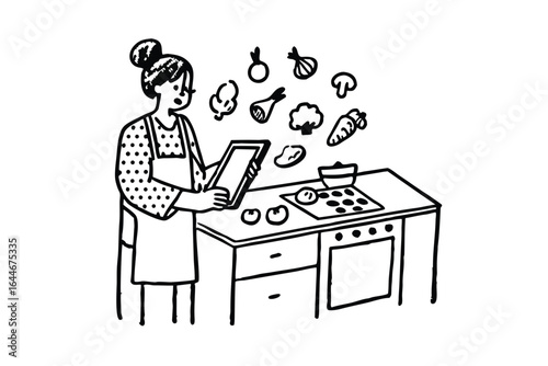 Man learning to cook from a tablet with ingredients floating around him