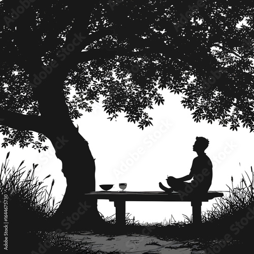 Serene Solitude Peaceful Meditation Silhouette Under Grand Tree