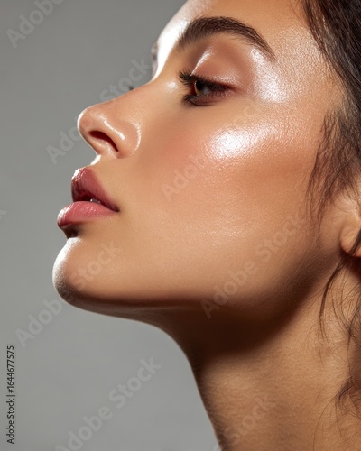 Closeup of a young woman blending contour on jawline flawless glowing skin glossy lips even cosmetic lighting isolated on a warm gray background  beauty shot