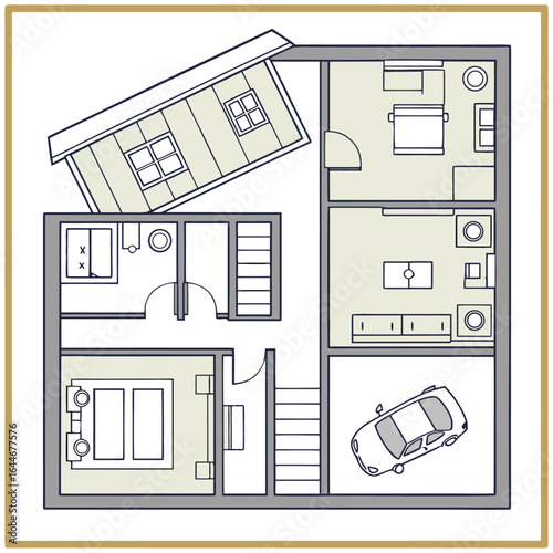 Modern architectural floor plan featuring a unique angled attic room multiple bedrooms living space and integrated garage