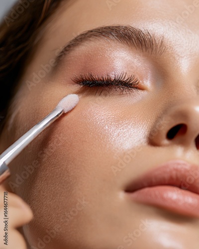 Closeup of a young woman brushing on highlighter freshly moisturized skin long eyelashes soft diffused lighting isolated on a warm gray background highquality makeup concept