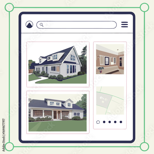 Digital interface showcasing a curated selection of modern residential properties with detailed exterior and interior views for potential buyers
