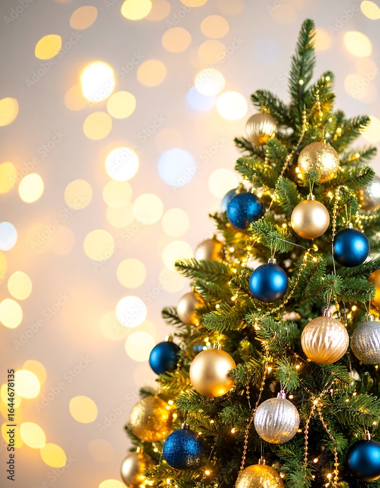 Obraz premium Decorated Christmas tree with gold, blue, and silver ornaments against a bokeh background
