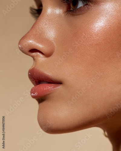 Closeup of a young woman blending contour on jawline matte finish skin glossy lips even cosmetic lighting isolated on a neutral beige background softglam beauty detail