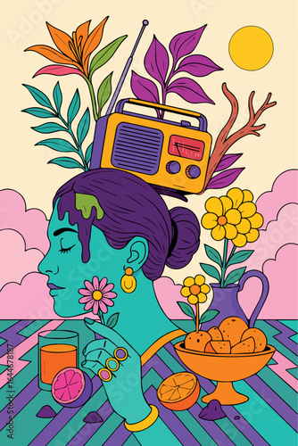 Surreal Pop Art Woman with Radio, Tropical Plants, Citrus Fruits, and Vibrant Colors