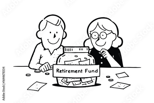Happy senior couple with retirement fund jar and money