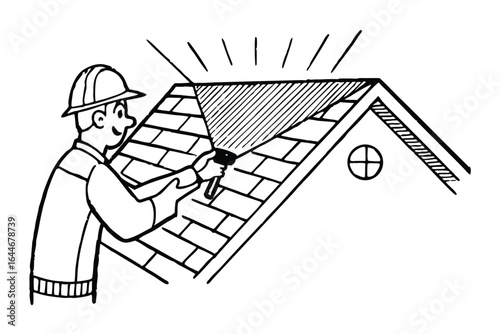 Roofer inspecting damaged shingles on a sunny day