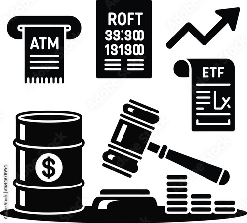 Oil Industry and Financial Icons with Gavel and ETF Document finance barrel