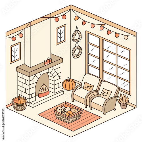Cozy isometric living room with autumnal decor featuring a fireplace pumpkins and warm lighting