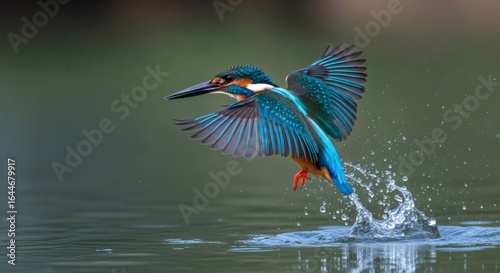A vibrant common kingfisher with iridescent blue plumage emerges from the water with wings spread, creating a splash.
