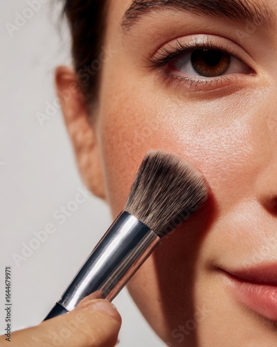 Closeup of a young woman holding a makeup brush near cheek smooth radiant skin natural beauty natural daylight isolated on a clean white background editorial cosmetic detail