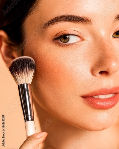 Closeup of a young woman holding a makeup brush near cheek smooth radiant skin natural beauty natural daylight isolated on a light peach backdrop cosmetic elegance portrait