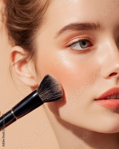 Closeup of a young woman holding a makeup brush near cheek matte finish skin defined cheekbones natural daylight isolated on a light peach backdrop beauty product application photo