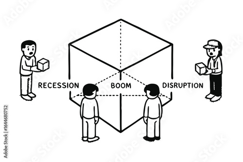 Business cycle diagram showing boom recession and disruption with diverse people