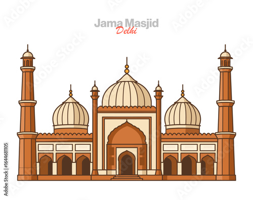 Flat vector illustration of Jama Masjid, Old Delhi. Grand Mughal mosque with domes and minarets, Indo-Islamic architecture, culture, spirituality and popular tourist landmark in India