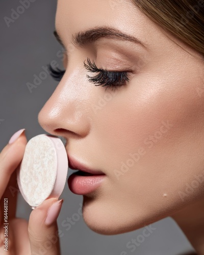 Closeup of a young woman powdering nose with compact freshly moisturized skin long eyelashes even cosmetic lighting isolated on a warm gray background professional cosmetic