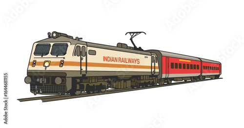 Detailed vector of an Indian Railways passenger train with electric locomotive and coaches on tracks. Modern rail transport, intercity travel and public transportation concept in India