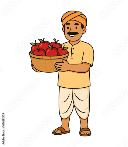 vector of an Indian farmer in traditional clothes holding a basket of fresh red apples, symbolizing fruit farming, harvest season, organic produce, and rural agricultural lifestyle in India