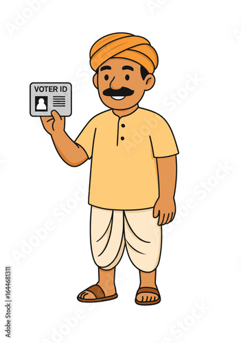 vector of an Indian farmer in traditional attire holding a voter ID card, representing rural democracy, voting rights, election participation, and citizenship awareness in India’s villages