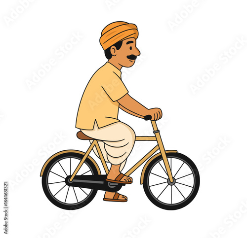 vector of an Indian farmer riding a bicycle, symbolizing rural transportation, sustainable mobility, and village life in India