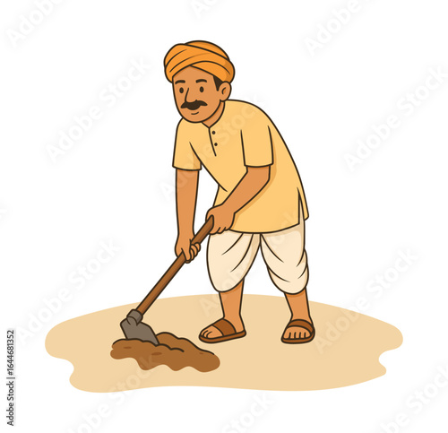 vector of an Indian farmer digging soil with a spade, symbolizing traditional agriculture, field preparation, and rural livelihood in India