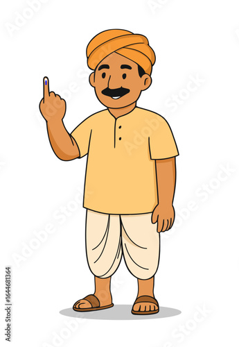 vector of an Indian farmer showing his inked finger after voting, symbolizing democracy, rural participation in elections, and political awareness in India