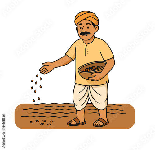 vector of an Indian farmer sowing seeds by hand in a ploughed field, depicting traditional agriculture, crop cultivation, and rural livelihood in India