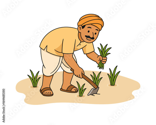 vector of an Indian farmer bending to plant rice saplings in a paddy field, representing agriculture, crop cultivation, rural livelihood, and traditional farming methods in India